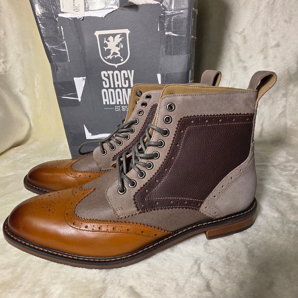 Stacy Adams Finnegan Wingtip Boots Browns Leather Mixed Media Mens 11.5 M NEW